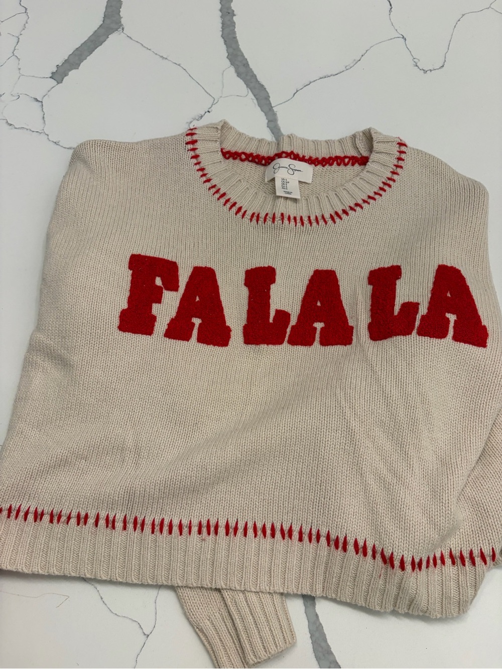 Jessica Simpson Cream Sweater with Red 'FA LA LA' Lettering